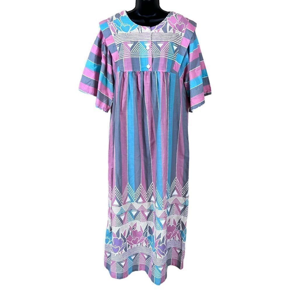 Vintage Sears At Home Wear Pastel Pink Gray Blue Floral Muumuu Dress